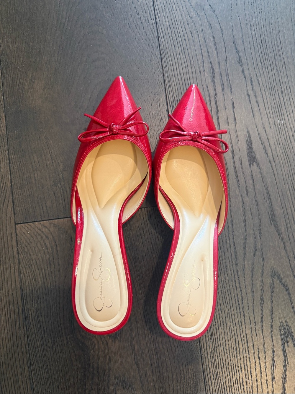 Patent Red Pointed Toe Bow Mule Flats - Jessica Simpson Size 7.5